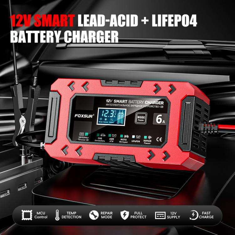FOXSUR FBC1206F 12V 6A Car Motorcycle Battery Charger Smart Repair Multi-function Charger, EU Plu...