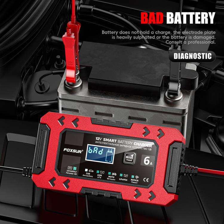 FOXSUR FBC1206F 12V 6A Car Motorcycle Battery Charger Smart Repair Multi-function Charger, EU Plu...