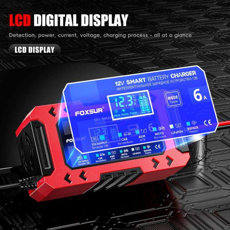 FOXSUR FBC1206F 12V 6A Car Motorcycle Battery Charger Smart Repair Multi-function Charger, EU Plu...