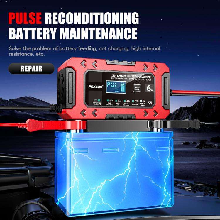 FOXSUR FBC1206F 12V 6A Car Motorcycle Battery Charger Smart Repair Multi-function Charger, EU Plu...