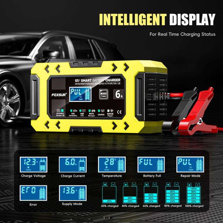 FOXSUR FBC1206F 12V 6A Car Motorcycle Battery Charger Smart Repair Multi-function Charger, EU Plu...