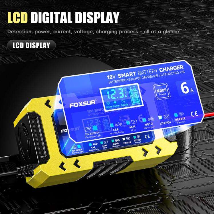 FOXSUR FBC1206F 12V 6A Car Motorcycle Battery Charger Smart Repair Multi-function Charger, EU Plu...