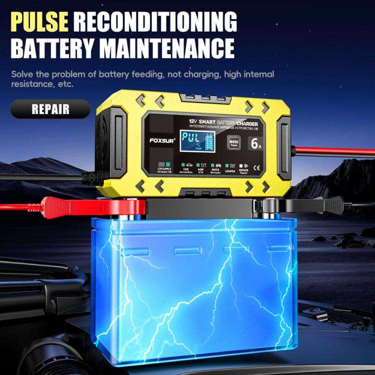 FOXSUR FBC1206F 12V 6A Car Motorcycle Battery Charger Smart Repair Multi-function Charger, EU Plu...