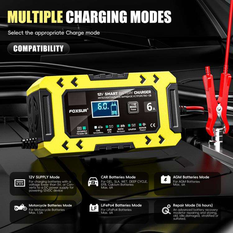 FOXSUR FBC1206F 12V 6A Car Motorcycle Battery Charger Smart Repair Multi-function Charger, EU Plu...