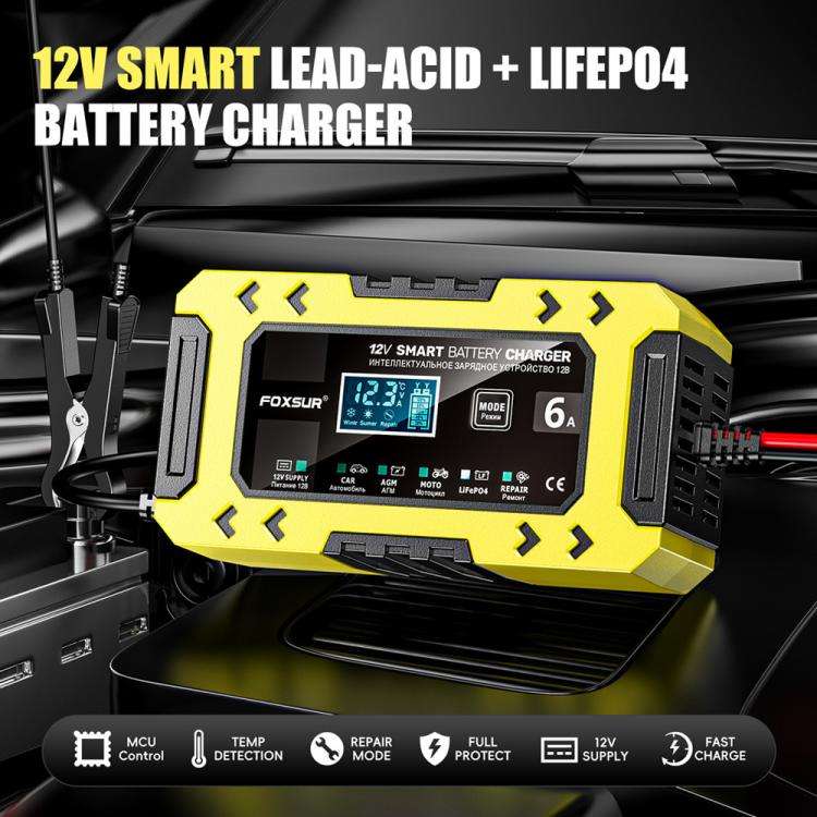 FOXSUR FBC1206F 12V 6A Car Motorcycle Battery Charger Smart Repair Multi-function Charger, US Plu...