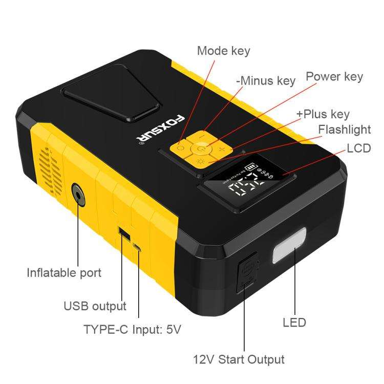 FOXSUR Car Emergency Starter Power Supply Multi-function Portable Car Air Pump(Yellow)