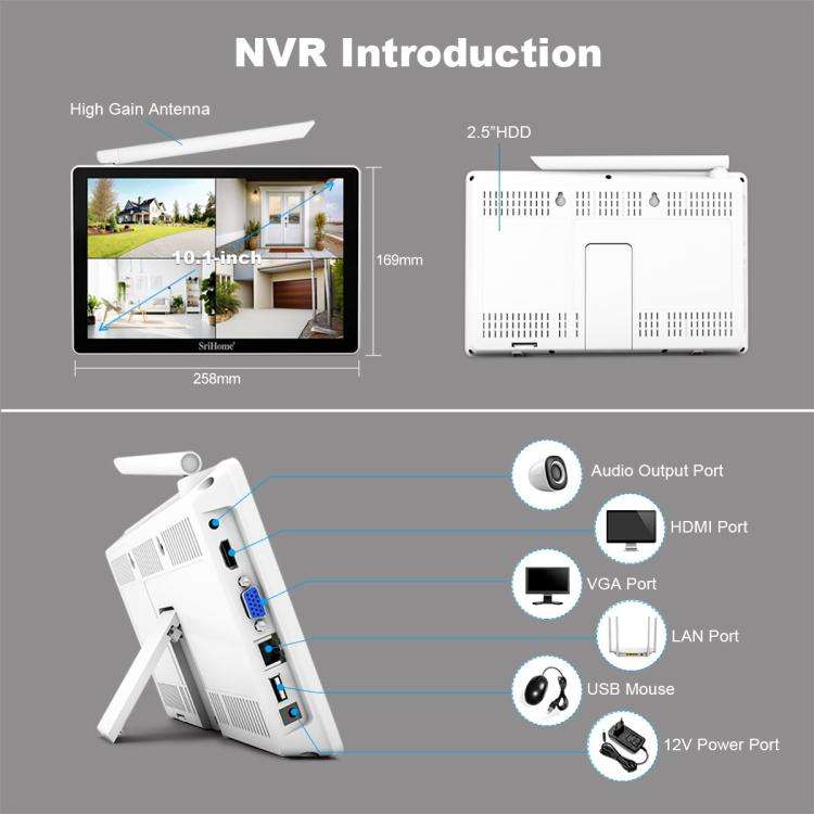 SriHome NVS010-IPC039 5MP 4 Channel 10.1 inch IPS Screen WiFi Network Video Recorder Set(UK Plug)