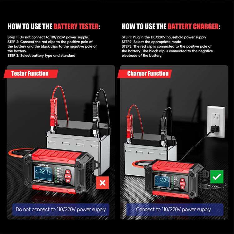 FOXSUR FTC-1206 2 in 1 12V Charging Tester Integrated Machine Car Motorcycle Battery Charger Test...