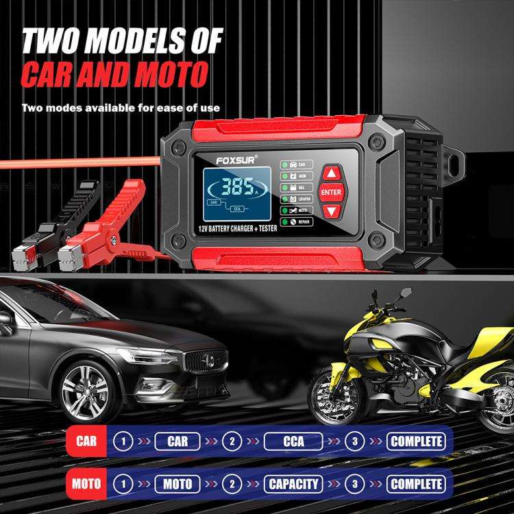 FOXSUR FTC-1206 2 in 1 12V Charging Tester Integrated Machine Car Motorcycle Battery Charger Test...