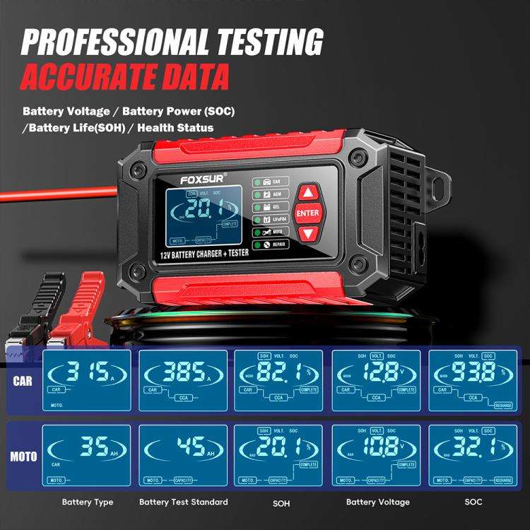 FOXSUR FTC-1206 2 in 1 12V Charging Tester Integrated Machine Car Motorcycle Battery Charger Test...