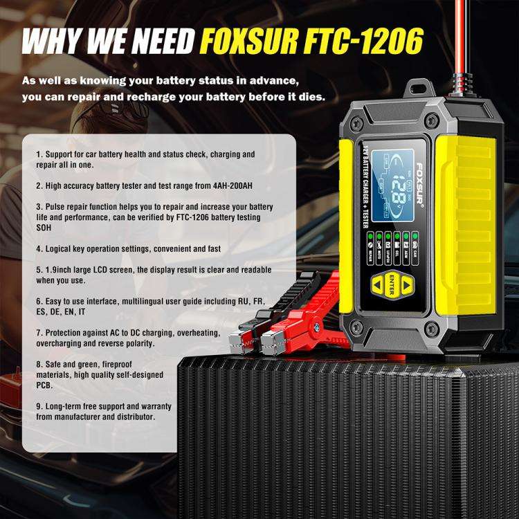 FOXSUR FTC-1206 2 in 1 12V Charging Tester Integrated Machine Car Motorcycle Battery Charger Test...