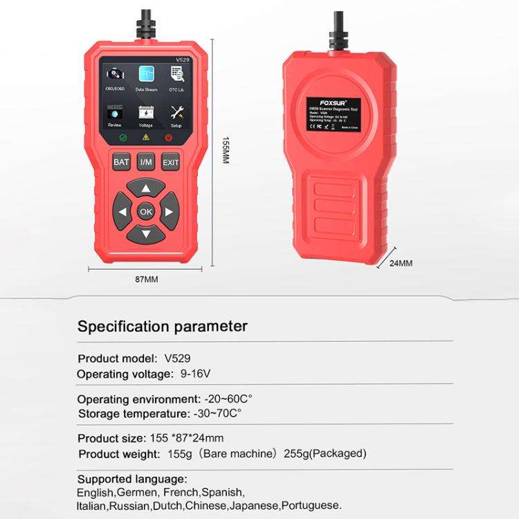 FOXSUR V529 OBD2 Car Engine Fault Code Reader Diagnostic Instrument(Red)