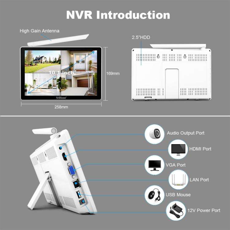 SriHome NVS010-IPC051 4MP 5x Zoom 4 Channel 10.1 inch IPS Screen WiFi Network Video Recorder Set(...