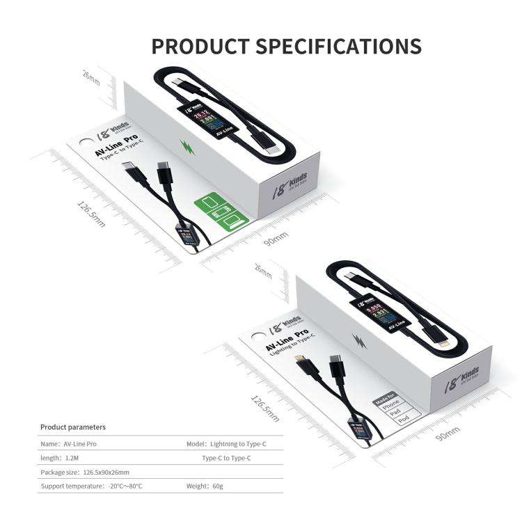 18 Kinds AV-Line Pro 1.2m Intelligent Detection Charging Data Cable, Interface:Type-C to Type-C