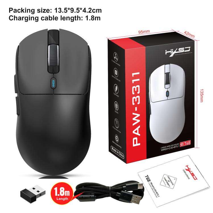 HXSJ T68 3 Modes Wired 2.4G BT5.1 Wireless Lightweight Gaming Mouse(Black)