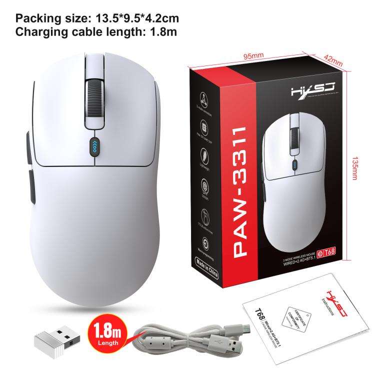 HXSJ T68 3 Modes Wired 2.4G BT5.1 Wireless Lightweight Gaming Mouse(White)