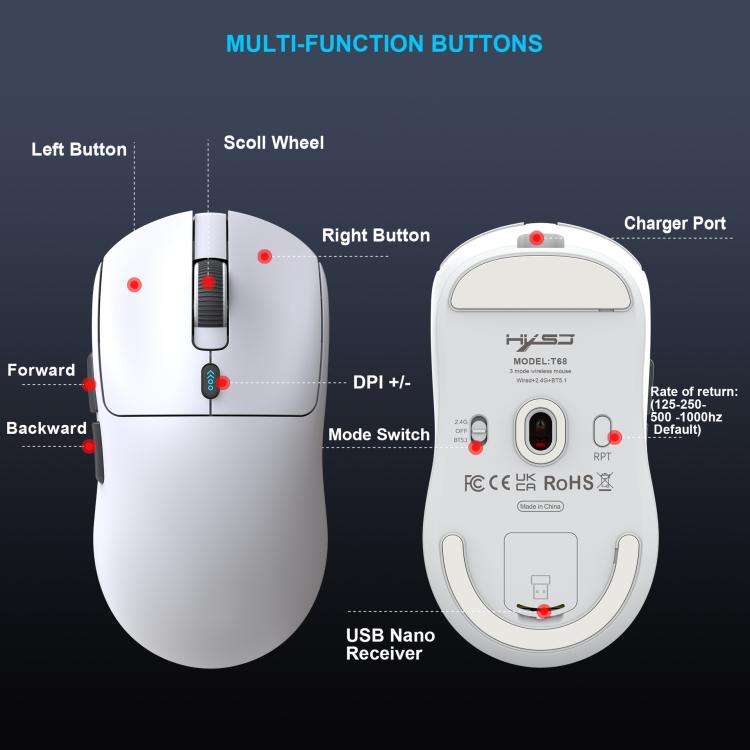 HXSJ T68 3 Modes Wired 2.4G BT5.1 Wireless Lightweight Gaming Mouse(White)
