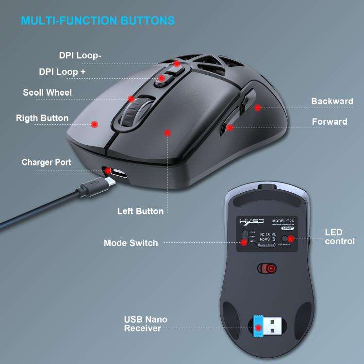 HXSJ T26 Dual Modes 2.4G BT5.1 Rechargeable Wireless Mouse(White)