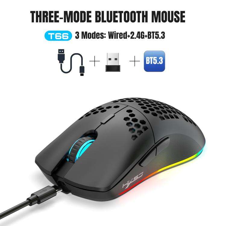 HXSJ T66 3 Modes Wired 2.4G BT5.3 Wireless RGB Rechargeable Mouse(Black)