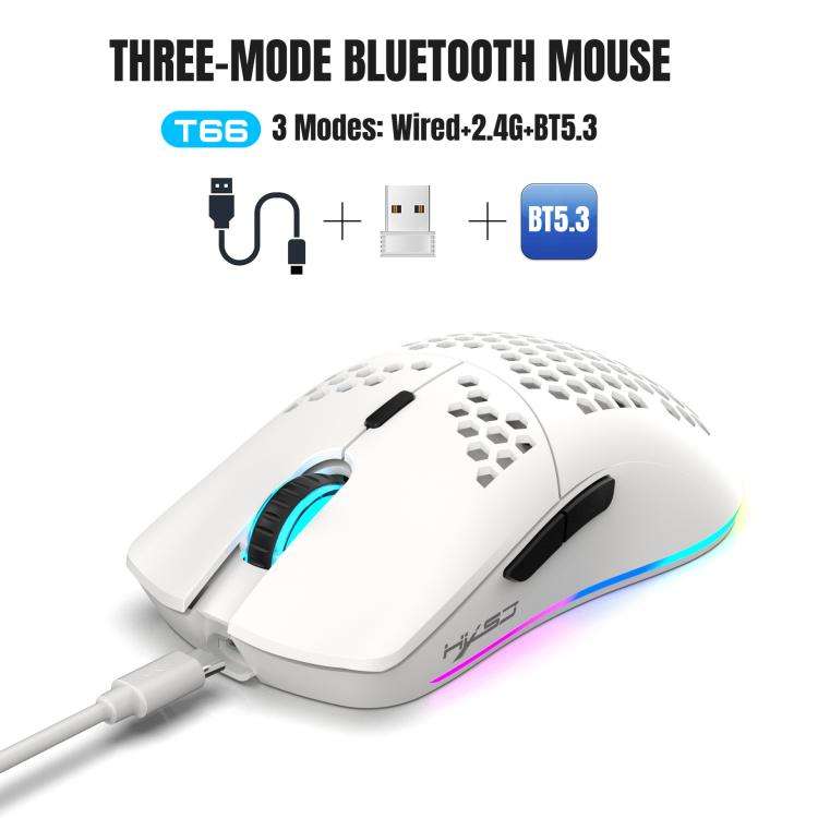 HXSJ T66 3 Modes Wired 2.4G BT5.3 Wireless RGB Rechargeable Mouse(White)