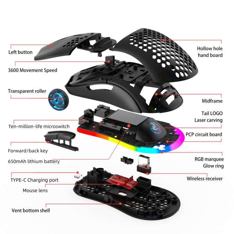 HXSJ T66 3 Modes Wired 2.4G BT5.3 Wireless RGB Rechargeable Mouse(Black)
