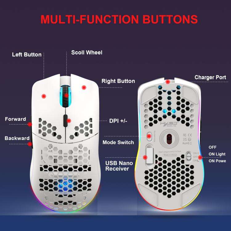 HXSJ T66 3 Modes Wired 2.4G BT5.3 Wireless RGB Rechargeable Mouse(White)