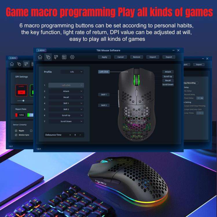 HXSJ T66 3 Modes Wired 2.4G BT5.3 Wireless RGB Rechargeable Mouse(Black)