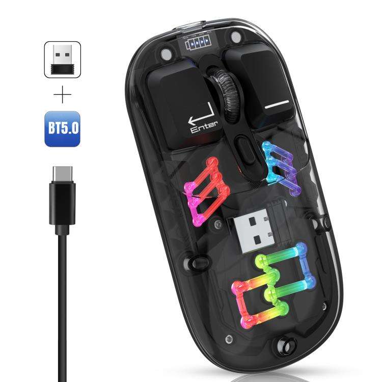 HXSJ T200 Dual Modes 2.4G BT5.0 Transparent RGB Wireless Mouse(Black)