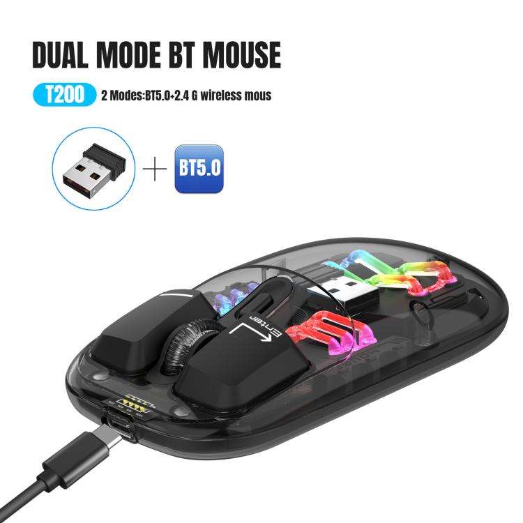 HXSJ T200 Dual Modes 2.4G BT5.0 Transparent RGB Wireless Mouse(Black)