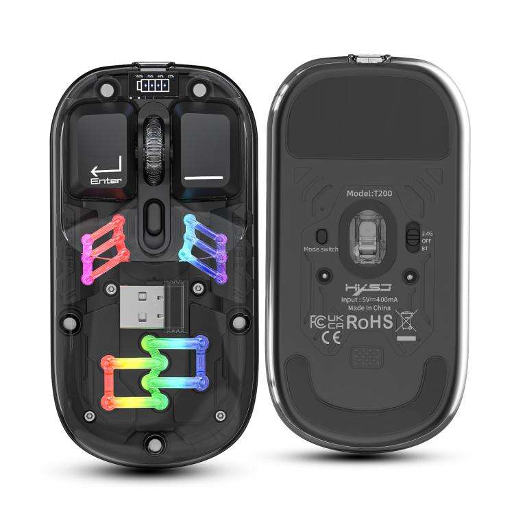 HXSJ T200 Dual Modes 2.4G BT5.0 Transparent RGB Wireless Mouse(Black)