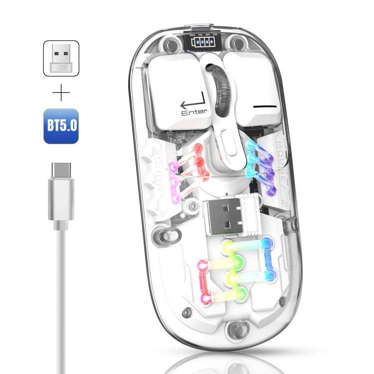 HXSJ T200 Dual Modes 2.4G BT5.0 Transparent RGB Wireless Mouse(White)