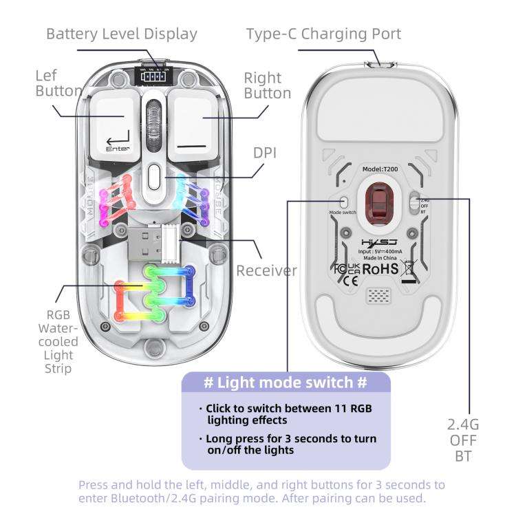 HXSJ T200 Dual Modes 2.4G BT5.0 Transparent RGB Wireless Mouse(White)
