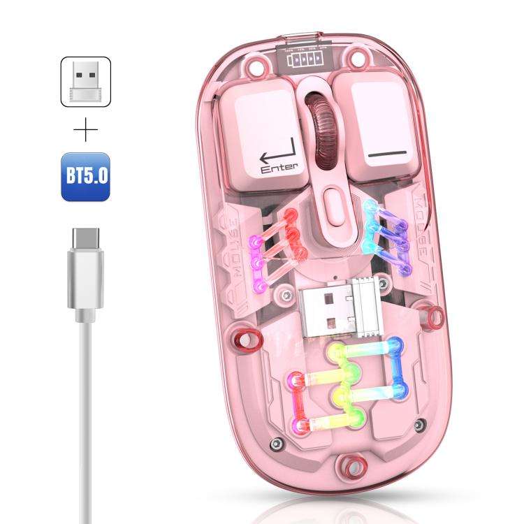 HXSJ T200 Dual Modes 2.4G BT5.0 Transparent RGB Wireless Mouse(Pink)