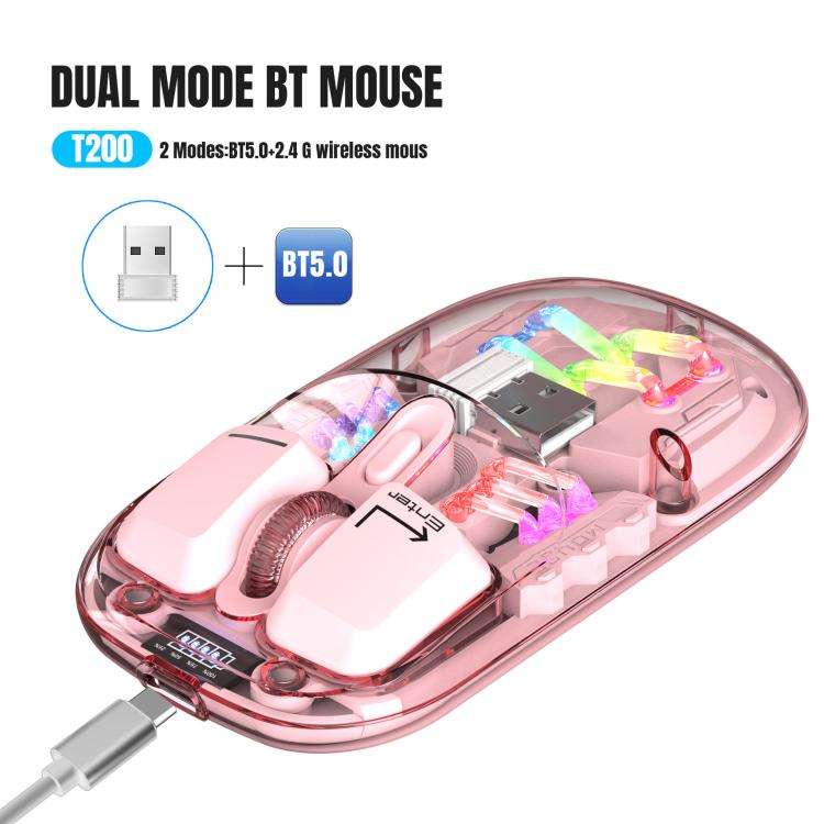 HXSJ T200 Dual Modes 2.4G BT5.0 Transparent RGB Wireless Mouse(Pink)