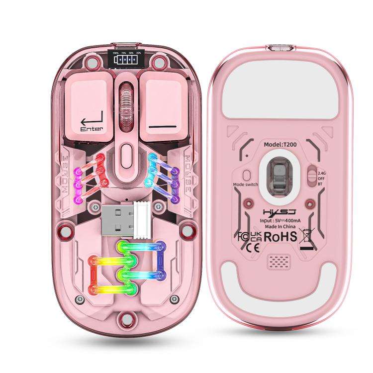 HXSJ T200 Dual Modes 2.4G BT5.0 Transparent RGB Wireless Mouse(Pink)