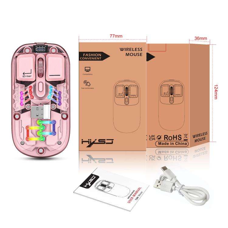 HXSJ T200 Dual Modes 2.4G BT5.0 Transparent RGB Wireless Mouse(Pink)
