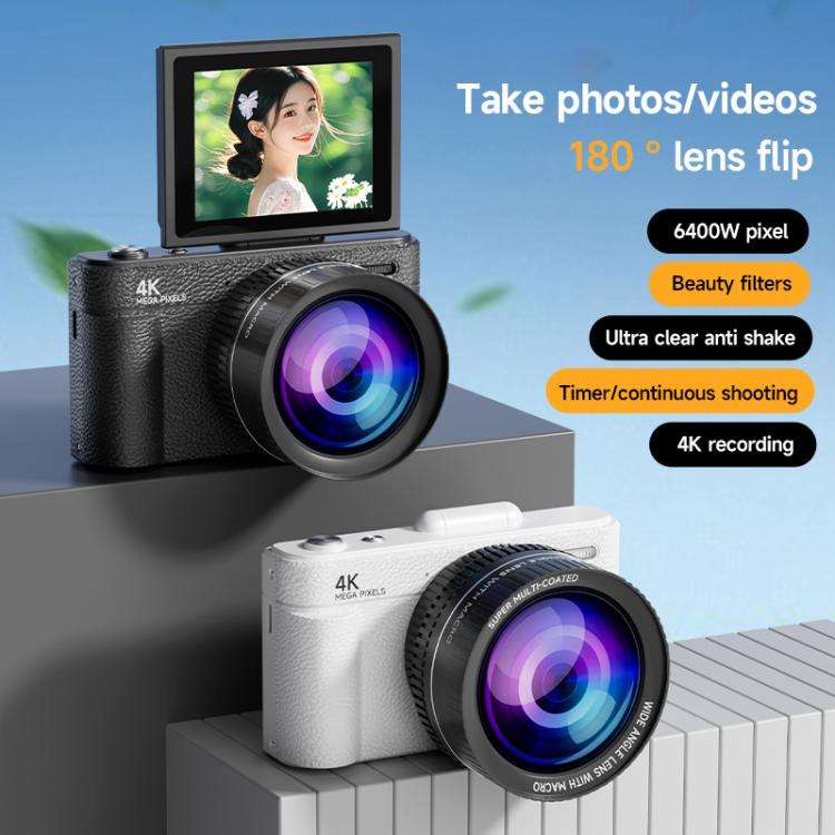 V5 64MP Retro Digital Camera 4K Recording 180 Flip Screen, Style:Small Lens(Black)
