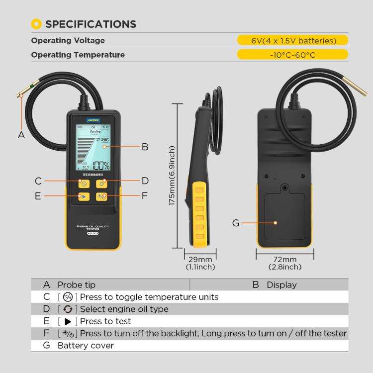 AUTOOL AS503 2.8 inch Backlit Display Car Engine Oil Tester Lubricating Oil Quality Analyzer(Black)