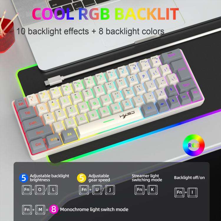 HXSJ V400 Wired Color Matching RGB Backlit Membrane Keyboard 63 Key Caps, Cable Length: 1.7m(Beig...