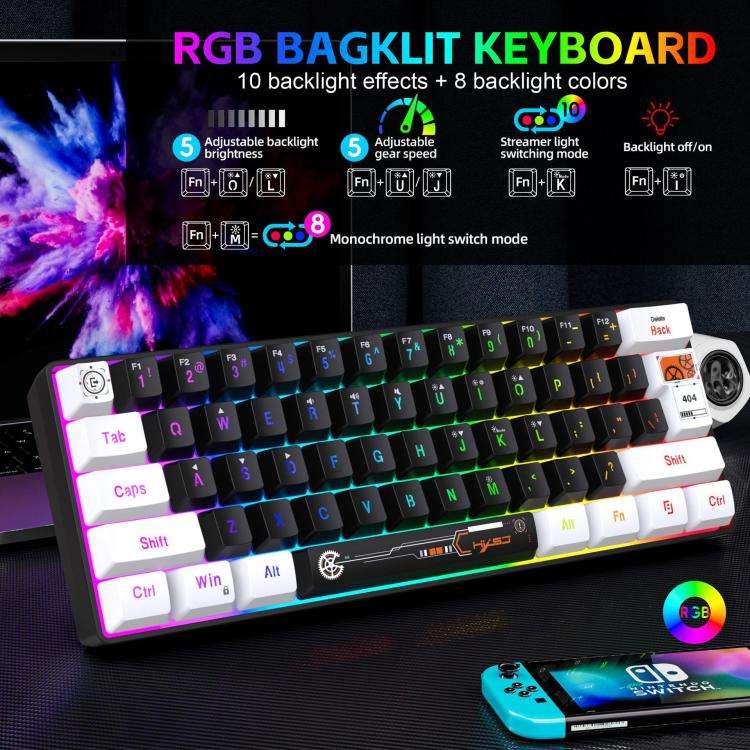 HXSJ V700WB Wired RGB Backlit Membrane Keyboard 61 Key Caps, Cable Length: 1.7m(White Black Print)