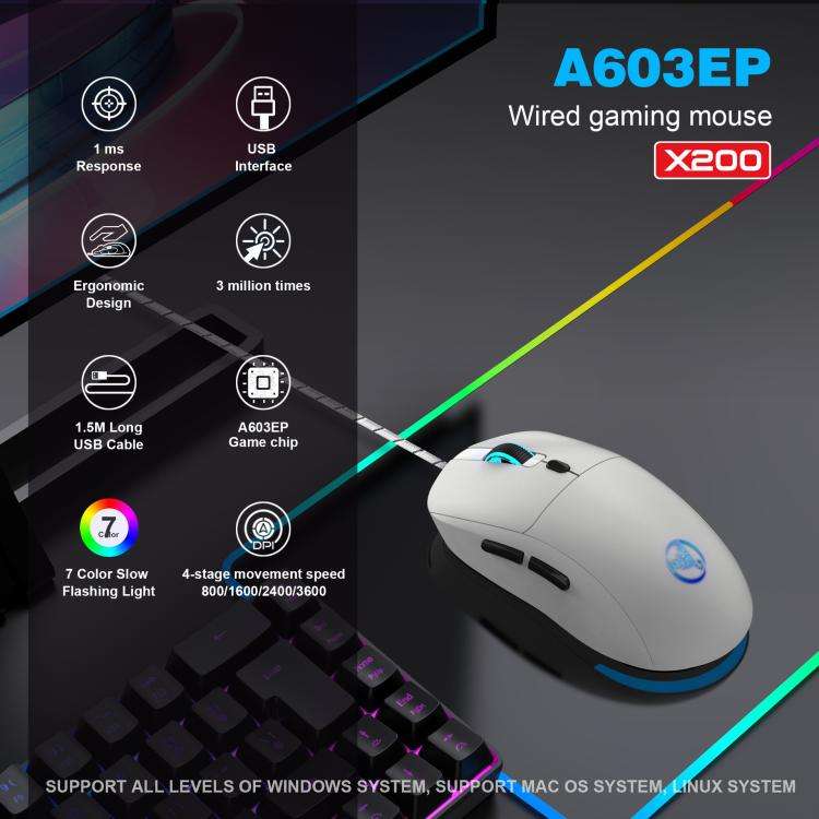 HXSJ X200 3600DPI Colorful Luminous Wired Mouse, Cable Length: 1.5m(White)