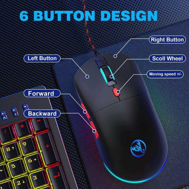 HXSJ X200 3600DPI Colorful Luminous Wired Mouse, Cable Length: 1.5m(Black)
