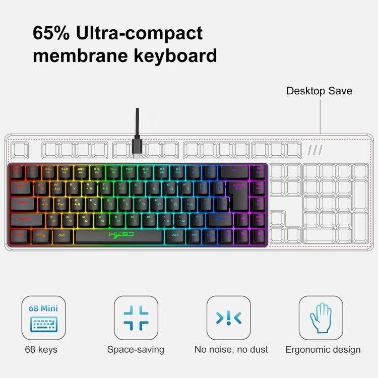 HXSJ V200 Russian Version Wired RGB Backlit Mechanical Keyboard 68 Key Caps, Cable Length: 1.7m(B...