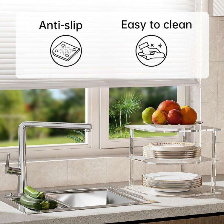 YX165 Acrylic 3 Tier Corner Plates and Bowls Organizer Shelf(Transparent)