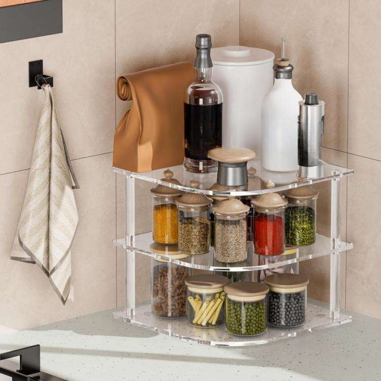 YX165 Acrylic 3 Tier Corner Plates and Bowls Organizer Shelf(Transparent)