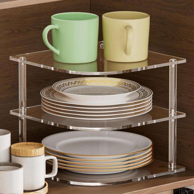 YX165 Acrylic 3 Tier Corner Plates and Bowls Organizer Shelf(Transparent)