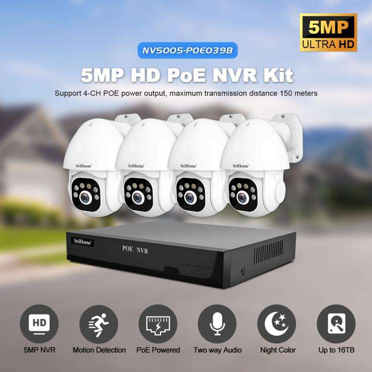 SriHome NVS005-PoE039 5MP 4CH HD PoE NVR Security Camera System Kit(US Plug)