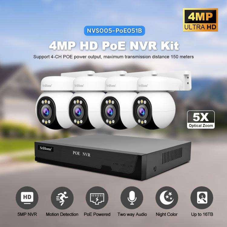 SriHome NVS005-PoE051 4MP 4CH HD PoE NVR Security Camera System Kit(UK Plug)