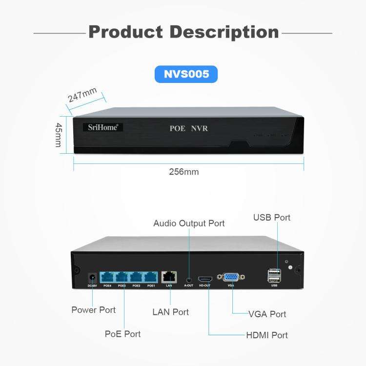 SriHome NVS005-PoE051 4MP 4CH HD PoE NVR Security Camera System Kit(UK Plug)