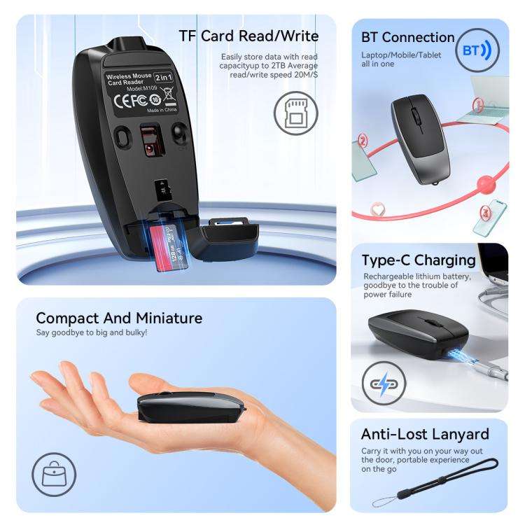 HXSJ M109 Mini Wireless Mouse, 3D Right, TF Card Reader, 4D Mute Buttons(Grey)
